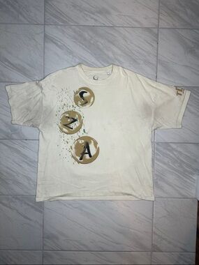 Beige Graphic Short-Sleeve Tee with Circular Letter Design